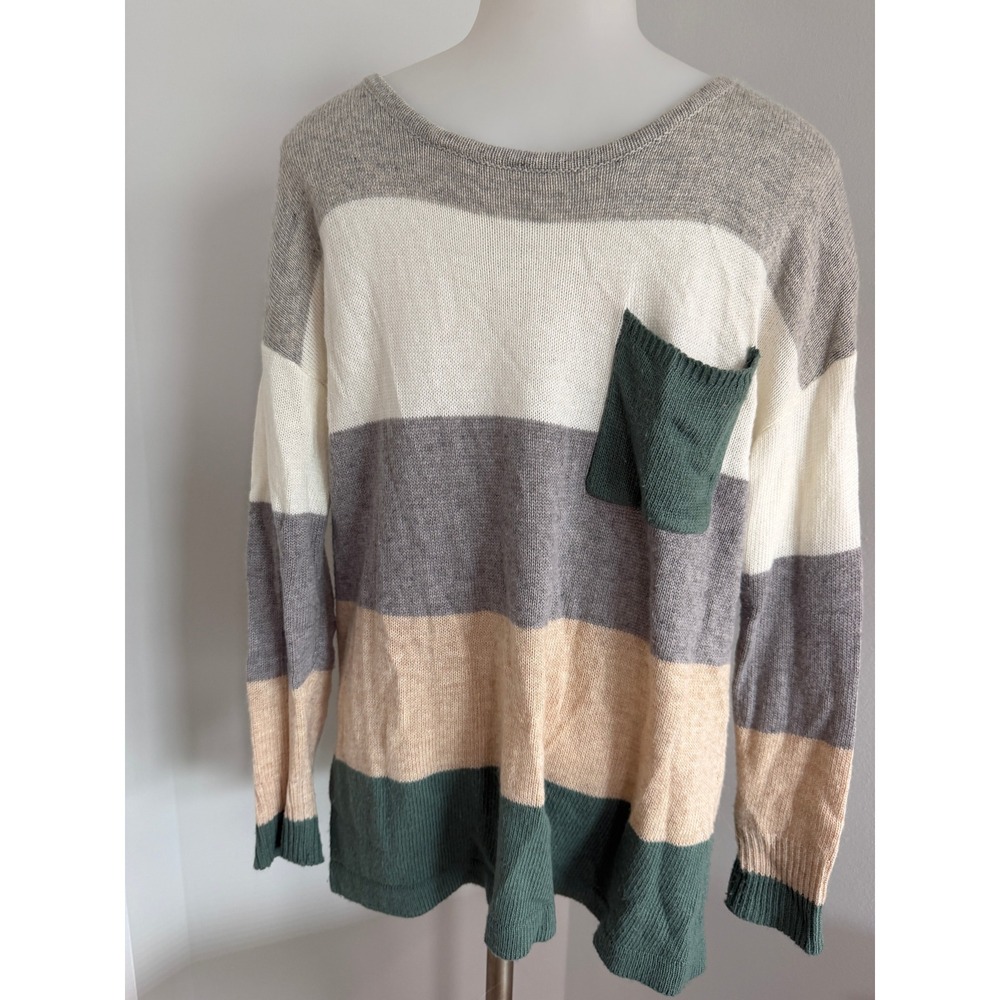 Vanilla Bay Womens Striped Long Sleeve Pocket Sweater Grey Green Tan Size Small - Picture 5 of 11